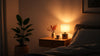 A lit bedside lamp illuminates a cozy bedroom, casting a warm glow on the surrounding decor.