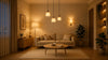 A cozy living room featuring a comfortable couch, a stylish lamp, and decorative plants enhancing the ambiance