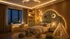 Cozy children's bedroom with star-themed decor, a teepee, and soft lighting, featuring a bed with polka dot bedding and plush toys.