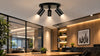 Modern black ceiling light fixture illuminating a contemporary office space with sleek design elements.