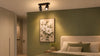 A cozy bedroom with soft lighting, featuring a green accent wall, floral artwork, and a neatly made bed with green and beige pillows and bedding.