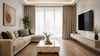 Modern living room with a beige sofa, decorative pillows, and a small plant. A marble table sits on wooden flooring, flanked by sheer curtains and a wall-mounted TV.