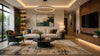 A modern living room with a round light fixture, enhancing the ambiance and design of the space.