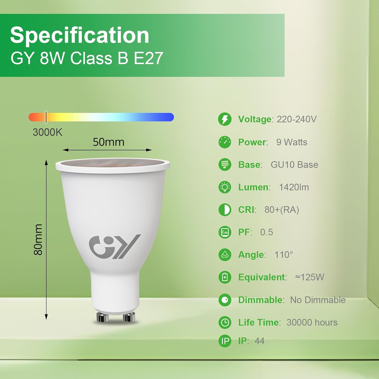 GY Ampoule LED GU10 9W 1420 lumens remplace halogène 125W IP44 col long classe énergétique B