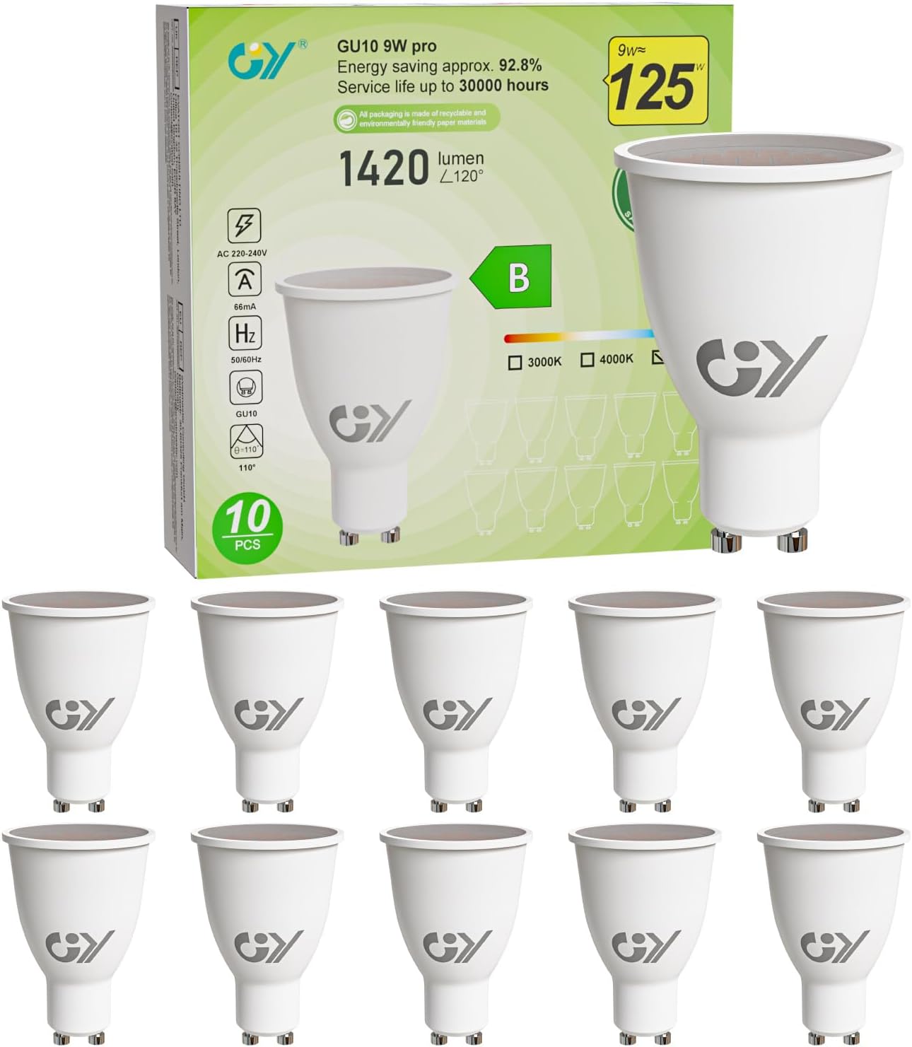 GY Ampoule LED GU10 9W 1420 lumens remplace halogène 125W IP44 col long classe énergétique B