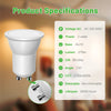 MR11 GU10 LED bulb specification chart showing 2W power 275 lumens 110 degree beam and 30000 hour life